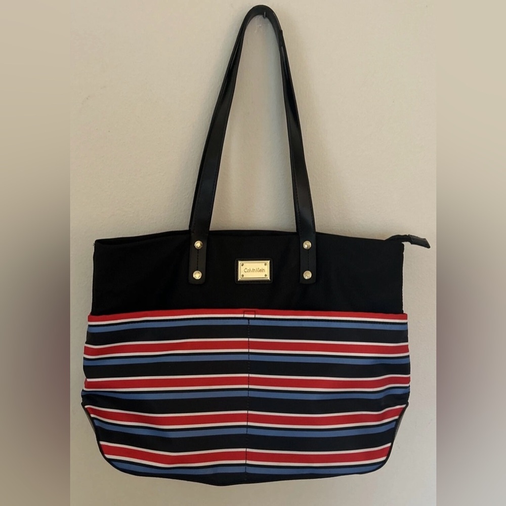 Calvin Klein Black Tote with Red and Blue Stripes